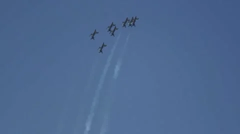Demonstration fighter jets fly by in close formation Stock Footage 61769925