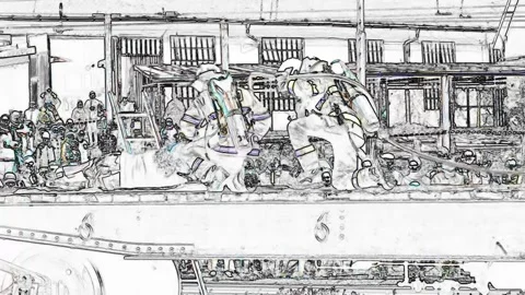 Demonstration of fire fighting by firefighters on a train car Stock Footage 240417671