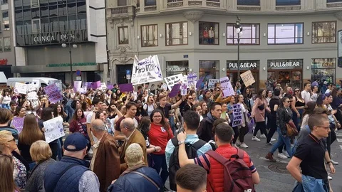 Demonstration for gender equality in Spain Stock Footage 124623672