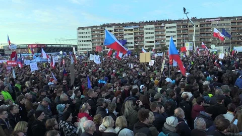 Demonstration of people crowd against Andrej Babis, activist Ivan Trojan Stock Footage 120044091