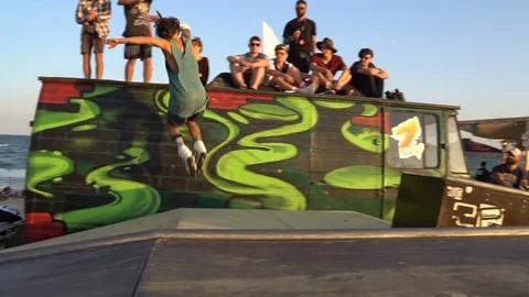 Demonstration Performances Of rollerblading. Athlete making trick on roller Stock Footage 82201683