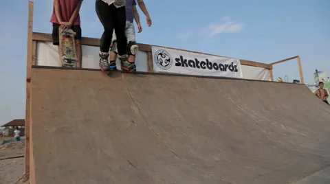 Demonstration Performances Of rollerskating. Athletes making tricks on Stock Footage 59892523