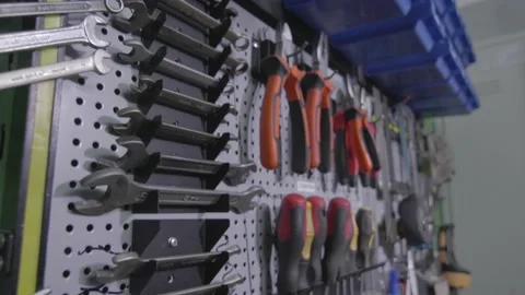Demonstration of a professionally organized workbench with different tools Stock Footage 147254664