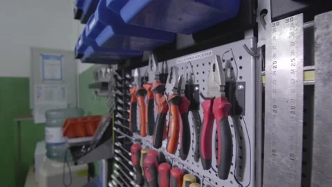 Demonstration of a professionally organized workbench with different tools Stock Footage 147254698