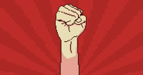 Demonstration, revolution, protest raised arm fist. Pixel fist 8 bit Vídeo Stock 148621977