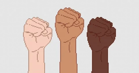 Demonstration, revolution, protest raised arm fist. Pixel fist 8 bit Vídeo Stock 148622039
