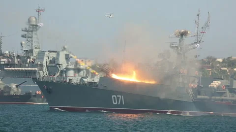 Demonstration rocket bombing during a naval parade Stock Footage 40485889