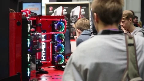 Demonstration of system motherboard computer unit on IGROMIR (Games World) and Stock Footage 81513723