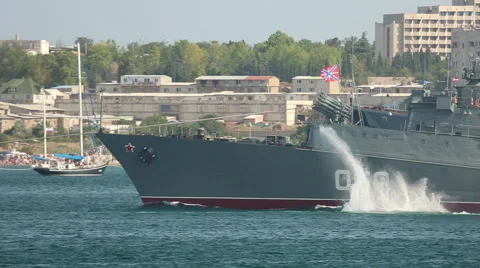 Demonstration torpedo attack during a naval parade Stock Footage 40485999