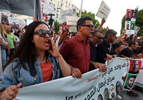Demonstration in Tunis in support of detainees of the Sumud Flotilla, Tunisia -  Stock Photos