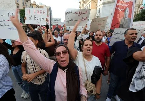 Demonstration in Tunis in support of detainees of the Sumud Flotilla, Tunisia -  Stock Photos