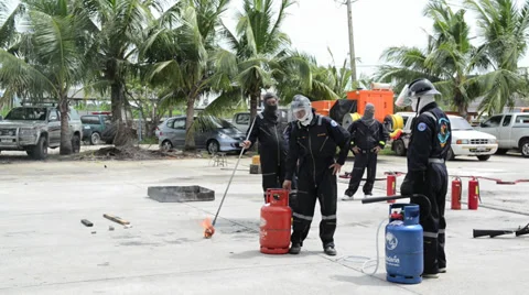 Demonstration of work of firemen at the  Provincial Electricity Authority Video stock 29043229