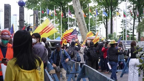 Demonstrators with flags near UN headquarters Stock-Footage 346265192