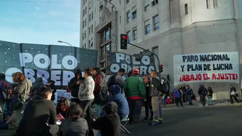 Demonstrators in front of  Ministry of Human Development Stock Footage 214371683
