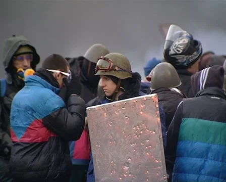 Demonstrators with shields on the Maidan Stock Footage 69098642
