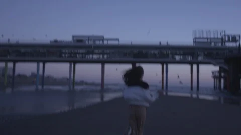 Den Haag Beach Package 14 | woman running on beach next to panorama wheel Stock Footage 116185051
