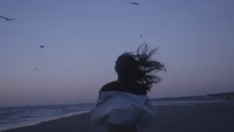 Den Haag Beach Package 4 | Cinematic seagulls and woman running on beach Stock Footage 116188609