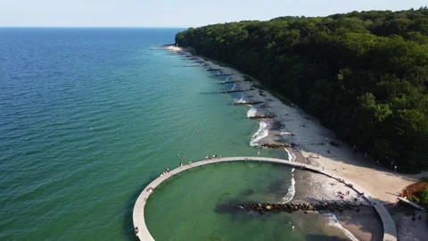 Den Uendelige Bro Circular Pier beside Wooded Aarhus Coast Stock Footage 346307231
