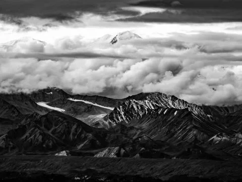Denali Mountain Summit in Clouds, Black and White Image Stock Photos
