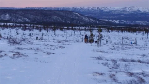 Denali Reverse Angle of Dog Sledder during Sunset Stock Footage 123932231