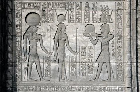 .Dendera Egypt, ptolemaic temple dedicated to the goddess Hathor.Carvings on  Stock Photos