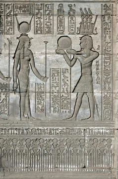 Dendera Egypt, ptolemaic temple dedicated to the goddess Hathor. Carvings on  Stock Photos