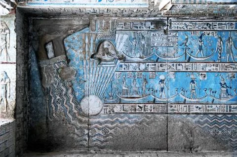 Dendera Egypt, ptolemaic temple dedicated to the goddess Hathor. Carvings on  Stock Photos