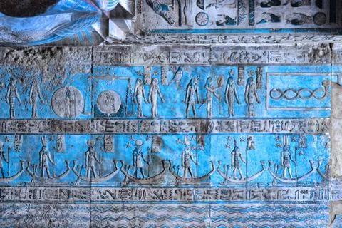 Dendera Egypt, ptolemaic temple dedicated to the goddess Hathor. Carvings on  Stock Photos