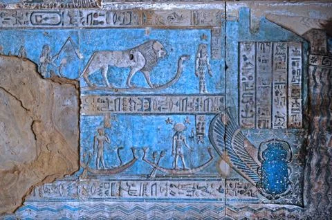Dendera Egypt, ptolemaic temple dedicated to the goddess Hathor. Carvings on  Stock Photos