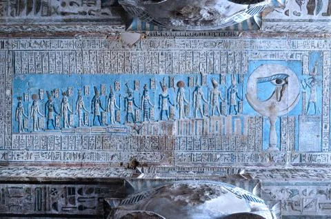 Dendera Egypt, ptolemaic temple dedicated to the goddess Hathor. Carvings on  Stock Photos