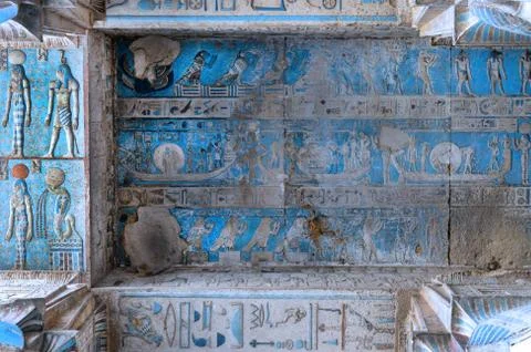 Dendera Egypt, ptolemaic temple dedicated to the goddess Hathor. Carvings on  Stock Photos