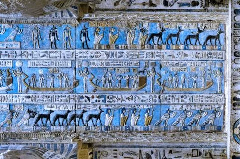Dendera Egypt, ptolemaic temple dedicated to the goddess Hathor. Carvings on  Stock Photos
