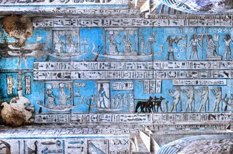 Dendera Egypt, ptolemaic temple dedicated to the goddess Hathor. Carvings on  Foto stock