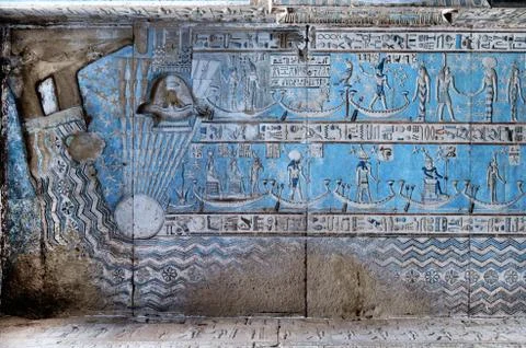Dendera Egypt, ptolemaic temple dedicated to the goddess Hathor. Carvings on  Stock Photos