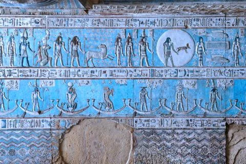 Dendera Egypt, ptolemaic temple dedicated to the goddess Hathor. Carvings on  Stock Photos