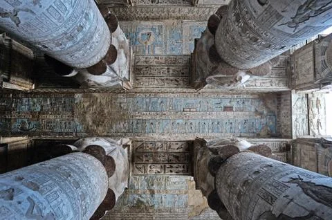 Dendera Egypt, ptolemaic temple dedicated to the goddess Hathor. Carvings on  Stock Photos