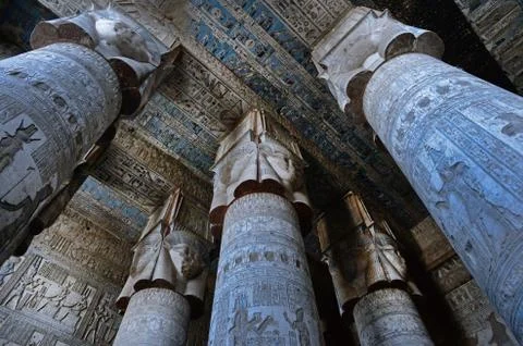 Dendera Egypt, ptolemaic temple dedicated to the goddess Hathor. Carvings on  Stock Photos