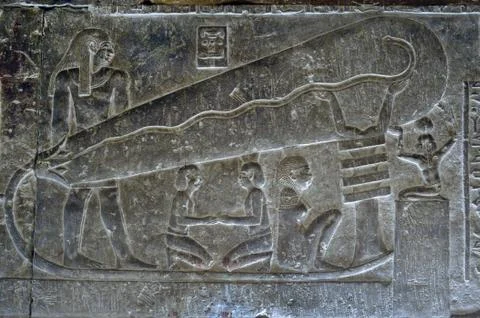 Dendera Egypt, ptolemaic temple dedicated to the goddess Hathor. Carvings on  Stock Photos