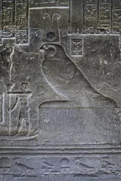 Dendera Egypt, ptolemaic temple dedicated to the goddess Hathor. Carvings on  Stock Photos