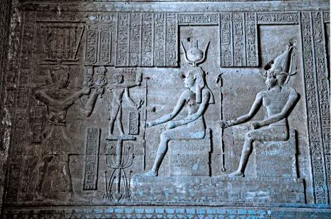 Dendera Egypt, ptolemaic temple dedicated to the goddess Hathor. Carvings on  Stock Photos