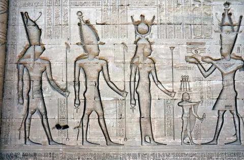 Dendera Egypt, ptolemaic temple dedicated to the goddess Hathor. Carvings on  Stock Photos