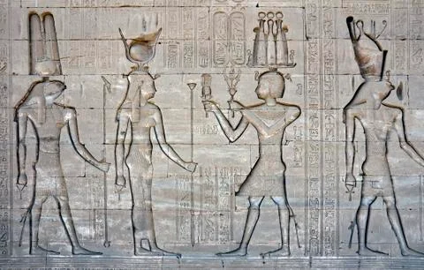 Dendera Egypt, ptolemaic temple dedicated to the goddess Hathor. Carvings on  Stock Photos