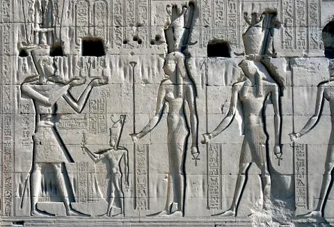 Dendera Egypt, ptolemaic temple dedicated to the goddess Hathor. Carvings on  Stock Photos
