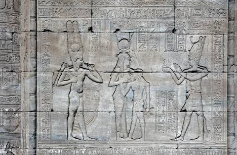 Dendera Egypt, ptolemaic temple dedicated to the goddess Hathor. Carvings on  Stock Photos