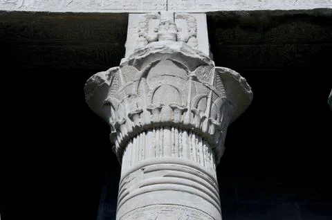 Dendera Egypt, ptolemaic temple dedicated to the goddess Hathor. A capital fl Stock Photos