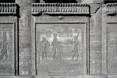 Dendera Egypt, ptolemaic temple dedicated to the goddess Hathor. Carvings on  Stock Photos