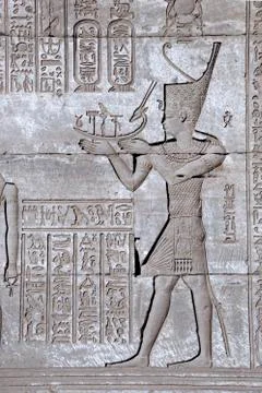 .Dendera Egypt, ptolemaic temple dedicated to the goddess Hathor. Carvings on Stock Photos