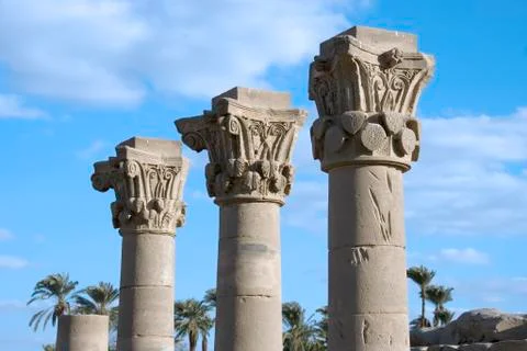 Dendera Egypt, ptolemaic temple dedicated to the goddess Hathor. Capital flor Stock Photos
