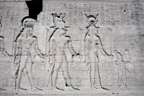Dendera Egypt, ptolemaic temple dedicated to the goddess Hathor. Carvings on  Stock Photos