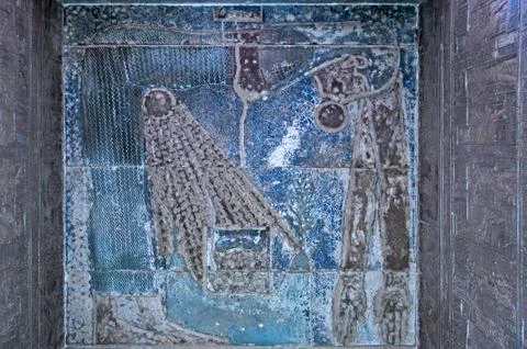 Dendera Egypt, ptolemaic temple dedicated to the goddess Hathor. Carvings on  Stock Photos